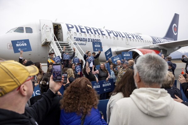 Conservative Leader Pierre Poilievre arrives in Terrace, British Columbia, during a campaign stop on April 6, 2025. (Aaron Whitfield/The Canadian Press via AP, File)