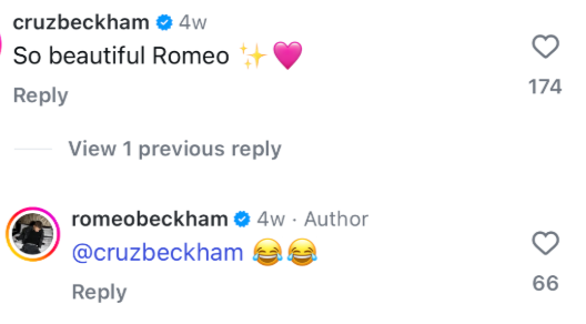 The social media exchange went largely unnoticed when it took place a month ago, and the comments are still live on both Romeo and Mia’s pages. 