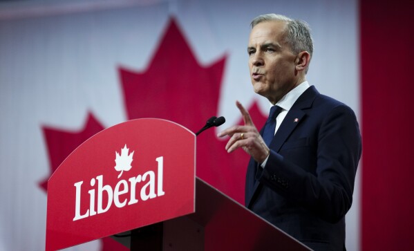 Liberal Party of Canada Leader Mark Carney delivers his speech after being announced as the winner of the party leadership in Ottawa, Ontario, March 9, 2025. (Sean Kilpatrick/The Canadian Press via AP, File)