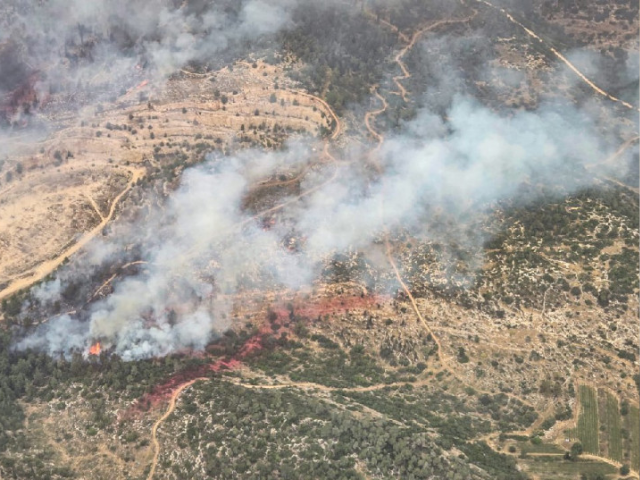 Aerial view of the fire over Eshtaol, April 23, 2025. (credit: FIRE AND RESCUE SERVICE)