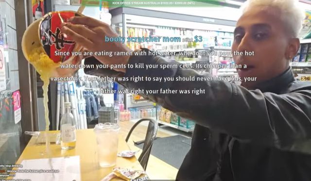 American YouTuber Johnny Somali pours cup noodle soup on a table at a convenience store in Seoul's Mapo District last October. Captured from Johnny Somali's YouTube