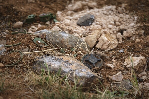 Land mines are seen in a field during a ministry of defence operation to clear and detonate explosives left by the Syrian army during the war, in agricultural land south of Idlib, Syria, Sunday, April 13, 2025. (AP Photo/Ghaith Alsayed)