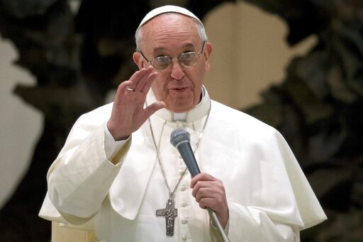 Pope Francis speaks during a meeting with the media at the Pope VI hall, at the Vatican, Saturday, March 16, 2013. Speaking of the moment of his election and his conversation with his friend, Cardinal Claudio Hummes, in the Sistine Chapel as the votes were going his way.