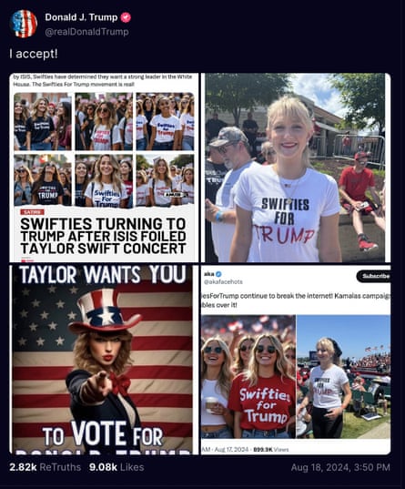 How did Donald Trump end up posting Taylor Swift deepfakes? | Artificial  intelligence (AI) | The Guardian