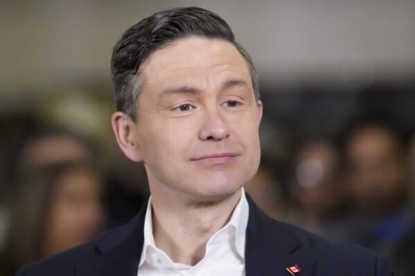 Canada Federal Conservative Leader Pierre Poilievre appears at a federal election campaign event in Brampton, Ontario, March 24, 2025. (Chris Young/The Canadian Press via AP, File)